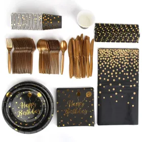 201PCS Black Gold Birthday Party Supplies For 25 Guests Happy Birthday Disposable Dinnerware Set Paper Plates 9OZ Cups Straws Napkins Forks Knive (Option: DinnerwareSet)